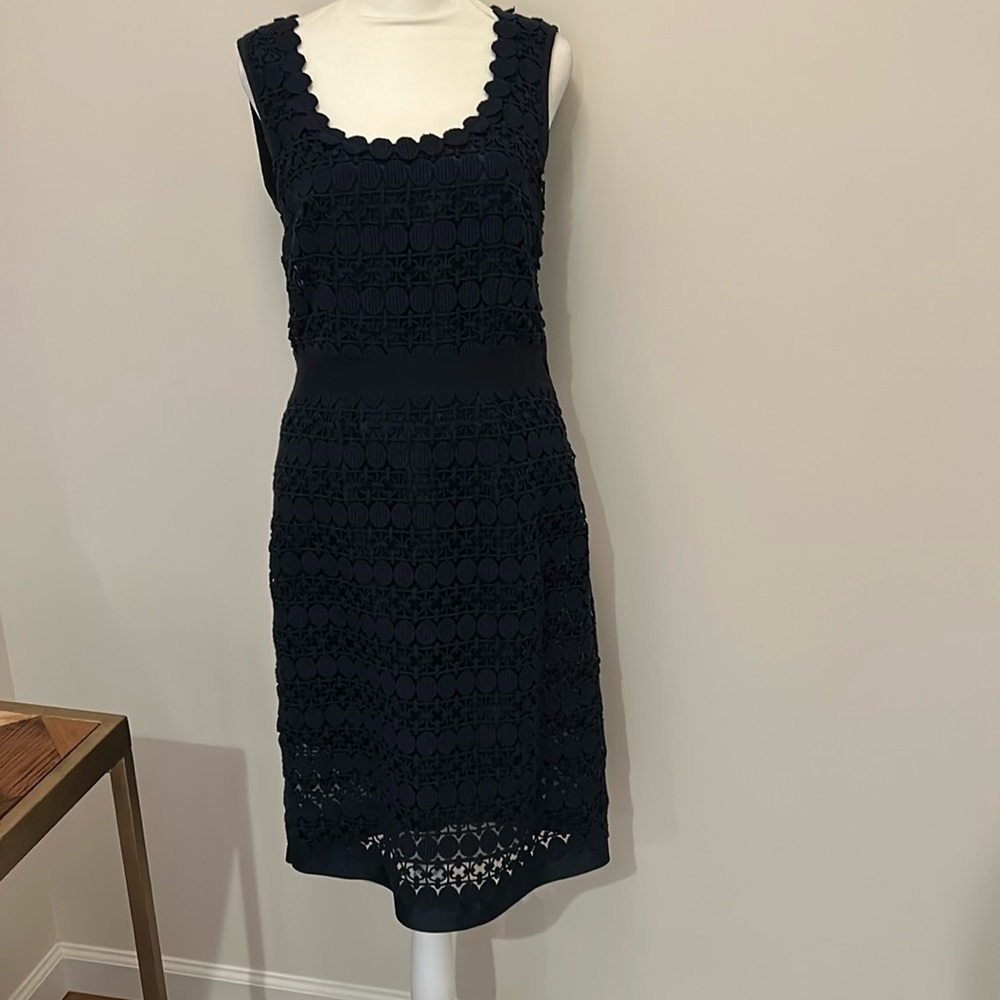 Tory Burch Cameron Sheath Dress Womens 8 Blue Floral Lace Overlay Lined side zip